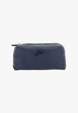 Pochette in pelle blu navy con finitura strutturata, chiusura con zip e dettaglio logo nero sul davanti. Forma arrotondata con base piatta.
