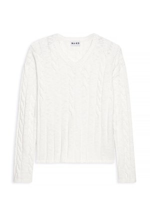 Balts kabelīša adījuma džemperis ar V veida kakla izgriezumu, ar ribotām piedurknēm un apakšmalu. Izgatavots no gaisa tīkla materiāla, izceļot tekstūru un rakstu detaļas.