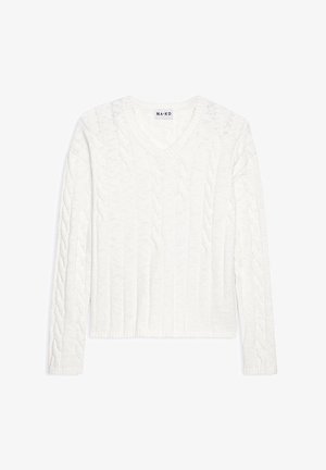 Balts kabelīša adījuma džemperis ar V veida kakla izgriezumu, ar ribotām piedurknēm un apakšmalu. Izgatavots no gaisa tīkla materiāla, izceļot tekstūru un rakstu detaļas.