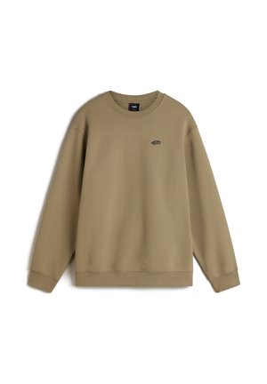 Sweatshirt vert olive, col ras du cou, manches longues, tissu en mélange de coton doux, poignets et ourlet côtelés, avec un petit logo sur la poitrine.