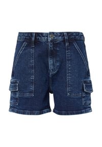Shorts cargo en denim bleu foncé, avec deux poches avant, deux poches cargo latérales et une taille classique avec une fermeture à bouton à l'avant.