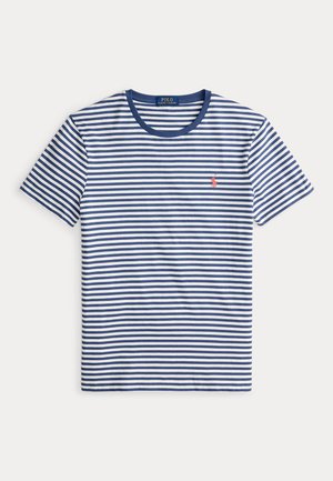Striped T-shirt in navy and white, made of cotton. Features a round neckline and small embroidered logo in red on the chest. Short sleeves.