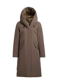 Lange bruine winterjas met grote capuchon, rits borstzakken, klep zijzakken en een voorkant met rits sluiting.