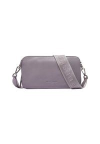 Light purple leather crossbody bag with a textured strap featuring embossed brand name. Rectangular shape with a smooth finish.