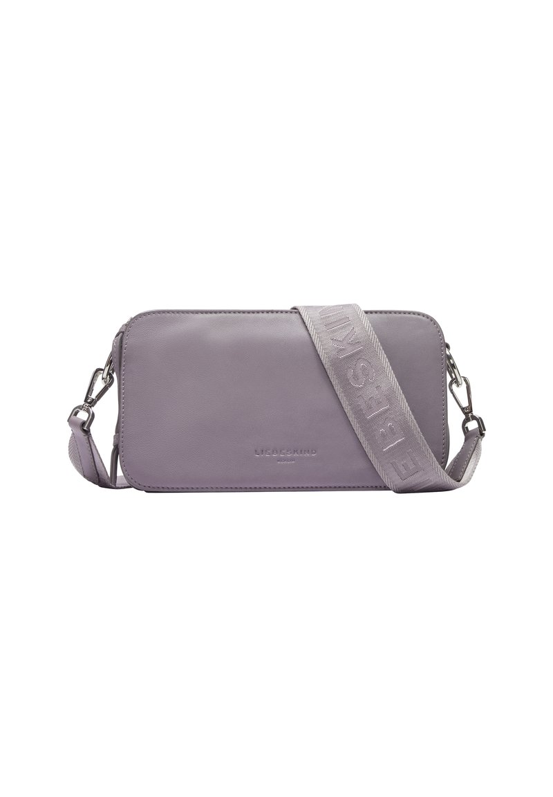 Light purple leather crossbody bag with a textured strap featuring embossed brand name. Rectangular shape with a smooth finish.