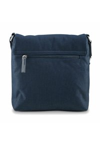 Borsa a tracolla blu navy realizzata in tessuto resistente, dotata di un pattina superiore, tracolla regolabile e una tasca anteriore con zip per riporvi gli oggetti.