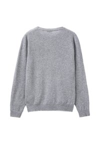 Jasnoszary długi sweter z dzianiny z ribbowanymi mankietami i dołem, pokazany z tyłu na białym tle.