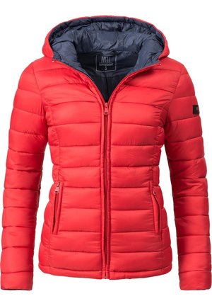 Giacca imbottita rossa con zip frontale, cappuccio e fodera blu navy. Include tasche laterali e texture trapuntata orizzontale. Taglia small.