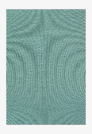 Geribbelde stof in een zachte teal kleur, met een consistente textuur en verticale lijnen, wat zorgt voor een gladde, gecontourde uitstraling.