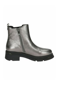 Botas de tobillo plateadas metálicas con textura suave, cremallera lateral y suela negra gruesa. Diseñadas con punta redonda.