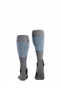 Calze al ginocchio con design a blocchi di colore in tonalità di grigio e blu. Presentano una texture a coste e aree rinforzate su punta e tallone.