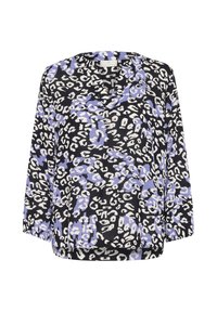 Blouse noire avec un imprimé animal abstrait en blanc et lavande. Elle a une coupe ample, des manches longues et un col rond. Texture douce.