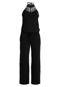 Schwarzer Jumpsuit mit Halterneck und aufwendiger Häkeldetailierung am Oberteil. Aus glattem Material gefertigt, mit weitem Beinschnitt und verstellbarem Kordelzug an der Taille.
