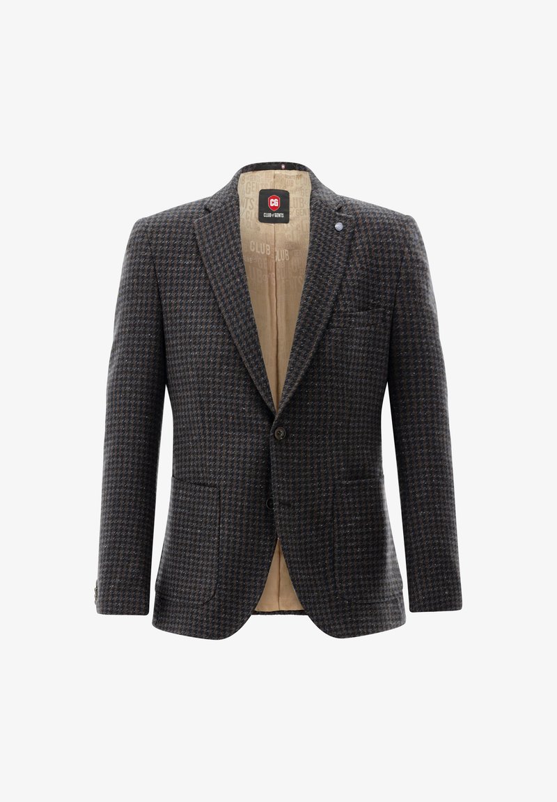 Dark checkered blazer with blue and brown patterns, single button closure, notched lapels, two front pockets, and light-colored lining.