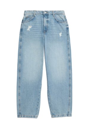 Hellblaue Jeans aus Denim mit lockerem Schnitt, hoher Taille, zwei vorderen Taschen und ausgefranstem, distressed Detail.