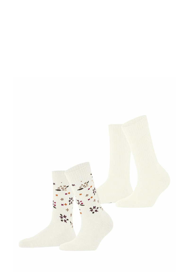Een set van twee paar witte sokken; één paar heeft een bloemmotief, terwijl het andere effen is. Ribbeltextuur op beide paren.