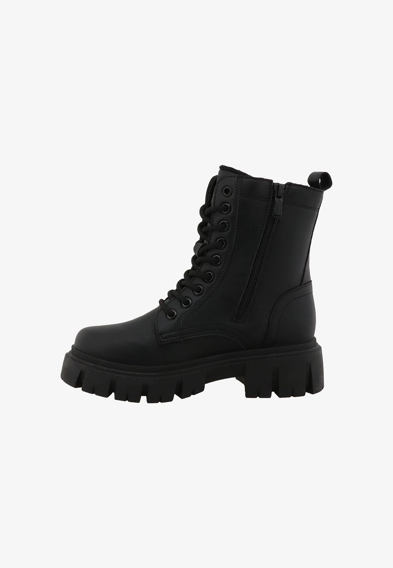 Botte de combat noire à lacets avec semelle épaisse et fermeture éclair latérale, dotée d'une languette à l'arrière et d'un col de cheville rembourré.