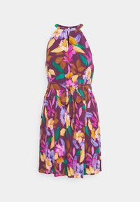 Sleeveless halter dress with purple base and multicolored floral print, featuring a waist tie and pleated skirt.