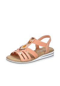 Sandale de couleur pêche avec des accents en perles, des brides réglables, bout ouvert et semelle rayée blanche ; dispose d'une semelle intérieure rembourrée pour le confort.