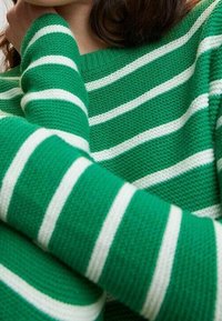 Personne portant un pull en maille vert avec des rayures horizontales blanches, bras plié sur la poitrine, et cheveux foncés partiellement visibles.