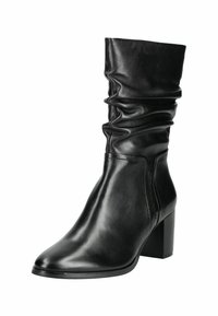 Black leather ankle boot with a slouchy top, pointed toe, and a block heel. Smooth texture with subtle stitching detail.