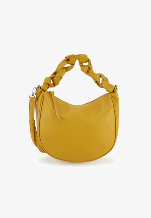 Gele leren handtas met een gestructureerde afwerking, voorzien van een gevlochten handvat en een verstelbare riem. Ritssluiting aan de bovenkant.