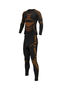Black athletic suit with long sleeves and fitted leggings. Features brown accents and textured patterns on sleeves and legs.
