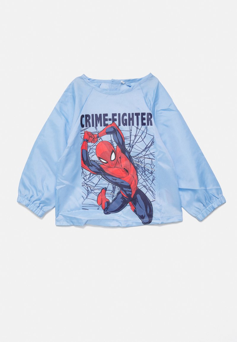 Lyseblå langermet skjorte med Spider-Man-grafikk og teksten "KJEMPER MOT KRIM". Laget av et glatt, skinnende stoff med elastiske mansjetter.
