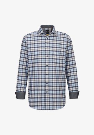 Camicia a maniche lunghe da uomo con motivo a quadri blu, bianco e navy. Presenta un colletto classico e una chiusura con bottoni, con polsini grigi a contrasto.