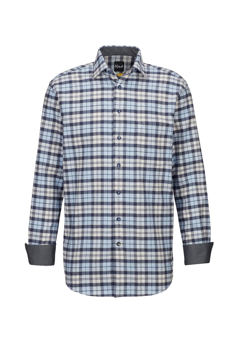 Camicia a maniche lunghe da uomo con motivo a quadri blu, bianco e navy. Presenta un colletto classico e una chiusura con bottoni, con polsini grigi a contrasto.