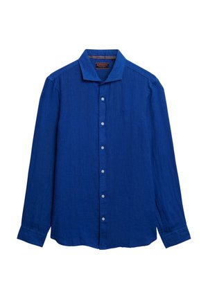 Langarm overhemd met knopen in een heldere, stevige blauwe stof met een lichte textuur, voorzien van een klassieke kraag en zes lichtblauwe knopen.