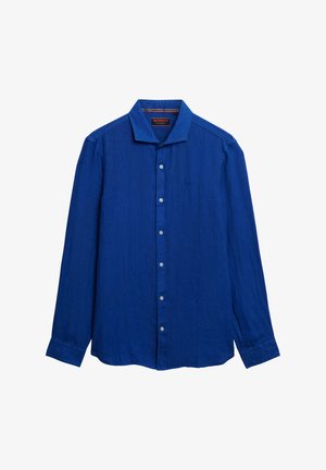 Langarm overhemd met knopen in een heldere, stevige blauwe stof met een lichte textuur, voorzien van een klassieke kraag en zes lichtblauwe knopen.