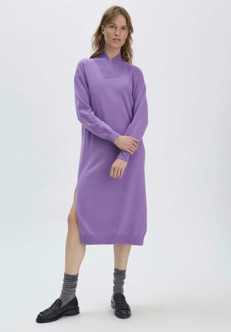 Langärmliges, knielanges Kleid aus sanftem Lavendelkohle mit hohem Hals und seitlichem Schlitz. Kombiniert mit grauen, strukturierten Socken und schwarzen Slippern.