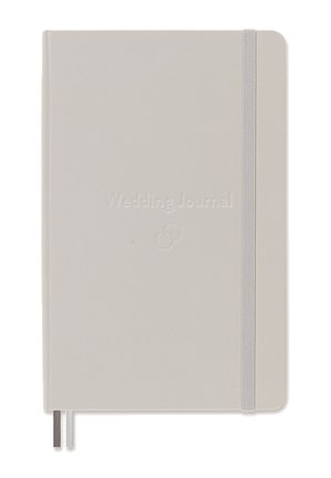 Diario di matrimonio color crema con chiusura a banda elastica e due segnalibri a nastro, testo in rilievo "Wedding Journal" e icone di fedi nuziali.