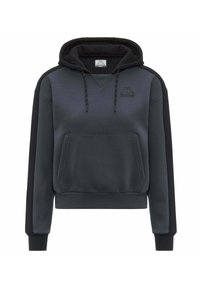 Felpa con cappuccio di colore grigio scuro con un pannello laterale nero a contrasto, dotata di tasca a marsupio e cordoncino con punte in metallo.