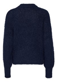 Granatowy sweter wełniany z teksturowanym wykończeniem, okrągłym dekoltem i długimi rękawami, z prążkowanymi mankietami i skróconym dołem.