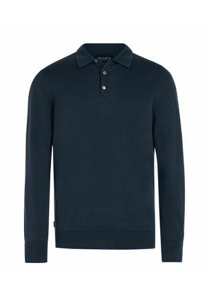 Dark navy blue long-sleeve polo shirt with three buttons and a ribbed hem and cuffs, displayed on a white background.