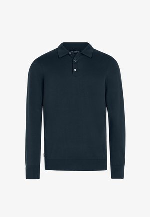 Dark navy blue long-sleeve polo shirt with three buttons and a ribbed hem and cuffs, displayed on a white background.