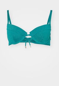 Τουρκοσί πράσινο μπικίνι τοπ με ενίσχυση, ρυθμιζόμενες τιράντες, σχέδιο με κλειδιά μπροστά και μεταλλικές λεπτομέρειες στις άκρες των σκοινιών.