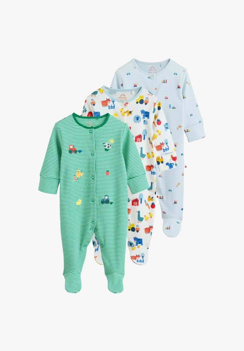 Tri dojčenské pyžamá: jedno zelené s pásikmi, gombíkmi a farmárskymi motívmi, jedno biele s farebnými komiksovými zvieratkami a jedno svetlomodré s živými vzormi.