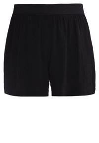 Shorts noirs avec une large ceinture élastique texturée. Tissu léger avec une coupe décontractée, présentant une surface lisse sans motifs visibles.