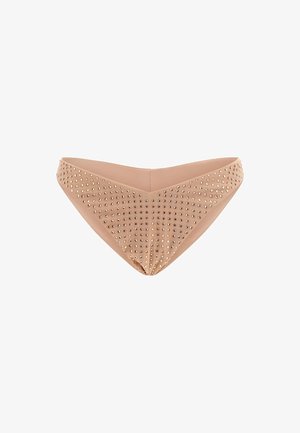 Nude bikini bottom with a V-shape design, featuring metal studs arranged in a pattern across the front for added texture.