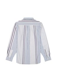 Chemise à manches longues boutonnée avec des rayures verticales blanches, bleu clair et marine, vue de dos avec un col classique et des poignets boutonnés.