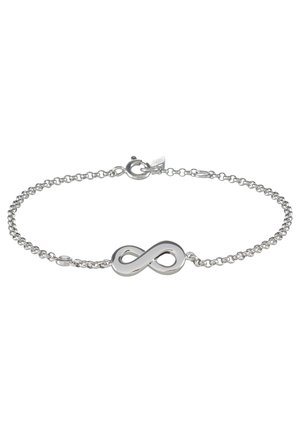 Zartes Silberkettchenarmband mit einem polierten Infinity-Symbol-Anhänger und einem kleinen runden Federverschluss.
