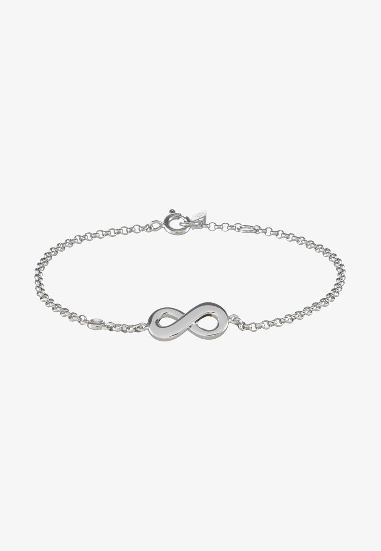 Bracelet chaîne en argent délicat avec un charm poli en forme de symbole infini et une petite fermeture à ressort ronde.