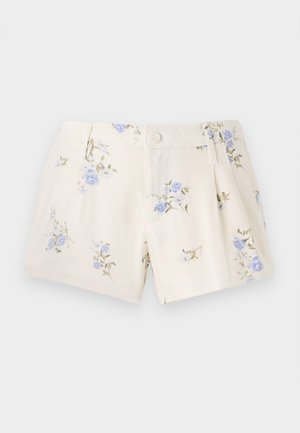 Kukalliset shortsit, jotka on valmistettu kevyestä kankaasta. Niissä on kerma-base ja sinisiä sekä vihreitä kukkakuoseja, kaksi etutaskua ja nappikiinnitys.