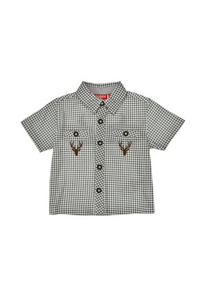 Gray and white checkered short-sleeve shirt with button front, two chest pockets, and brown embroidered deer heads on each pocket.