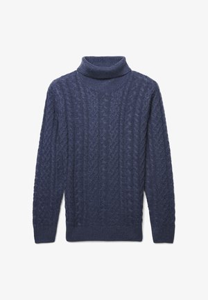 Granatowy sweter z golfem, ozdobiony teksturowym wzorem w warkocze, z prążkowanymi mankietami i dołem. Wykonany z miękkiej dzianiny.