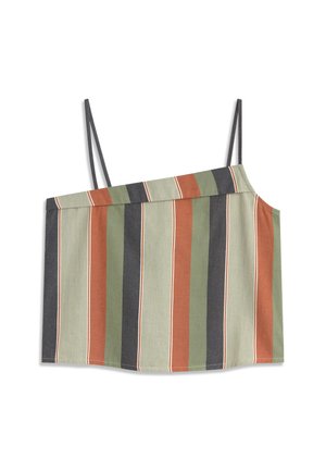 Haut court sans manches avec fines bretelles noires et rayures verticales vertes, rouille, noires et beiges, encolure légèrement asymétrique.