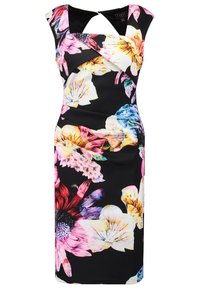 Robe noire sans manches mi-longue avec un grand imprimé floral coloré en rose, jaune, bleu et rouge, dotée d'un col en V et d'un détail en tissu plié.
